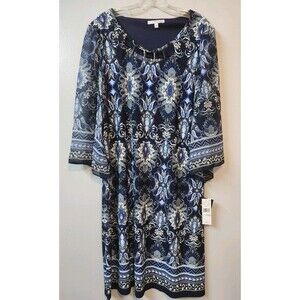 NEW Studio One Dress Large Women's 3/4 Flared Sleeve Paisley Print MSRP $79